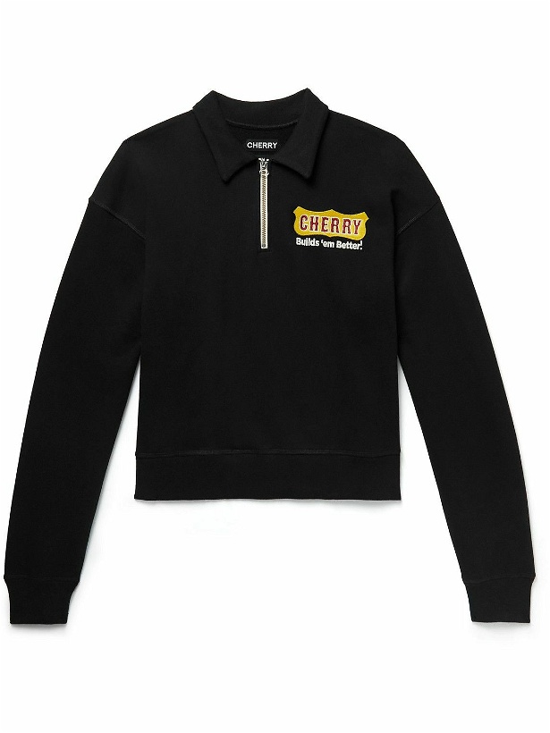 Photo: CHERRY LA - Logo-Appliquéd Cotton-Jersey Half-Zip Sweatshirt - Black