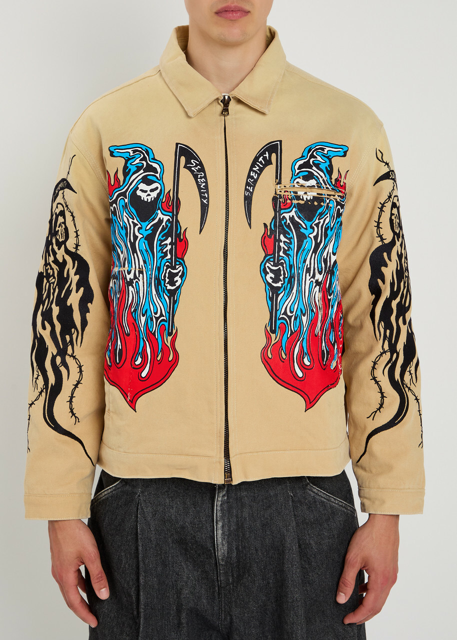 Warren Lotas Garage Printed Work Canvas Jacket Beige