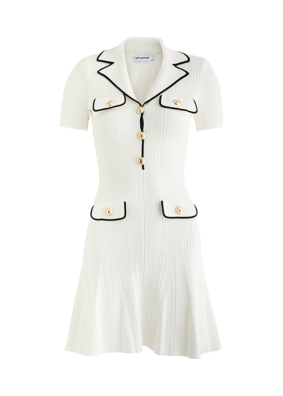 Self-portrait Contrast-trim Ribbed-knit Mini Dress White
