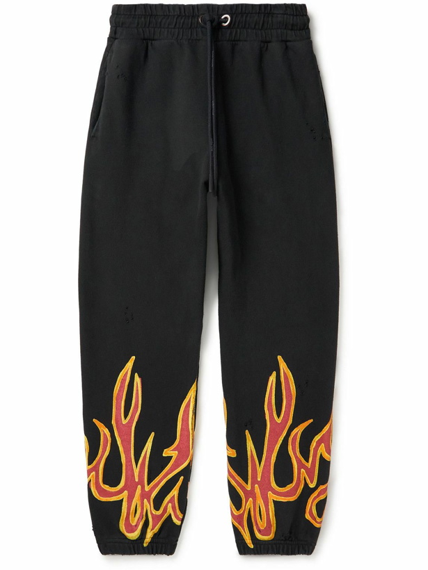 Photo: Palm Angels - Tapered Printed Distressed Cotton-Jersey Sweatpants - Black