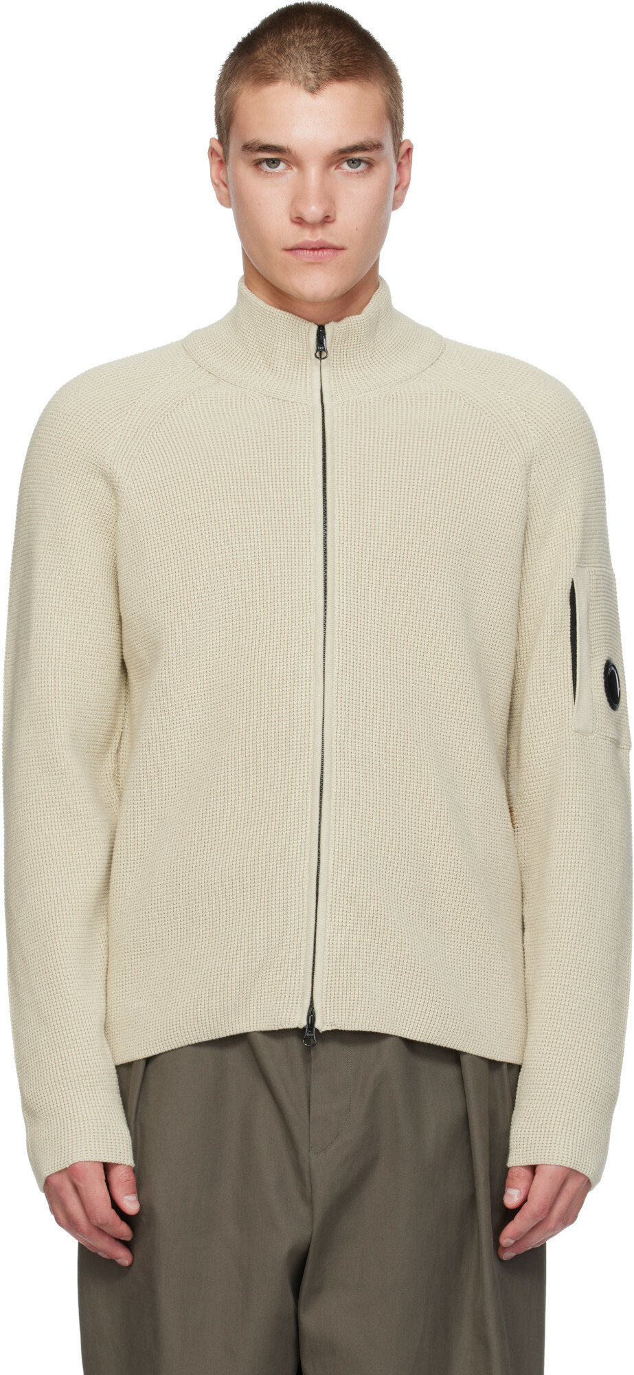 C.P. Company Beige Waffle Knit Cotton Zip Lens Jacket