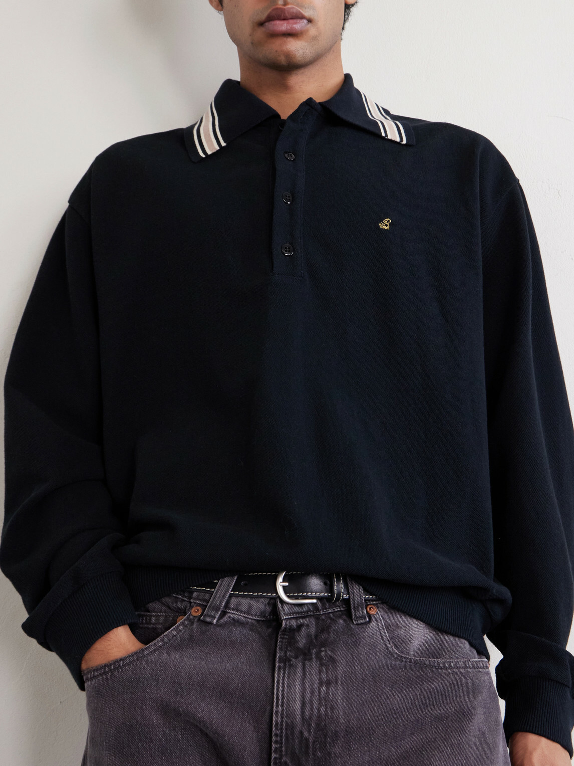 KAPITAL - Box Striped Embroidered Cotton-Piqué Polo Shirt - Black
