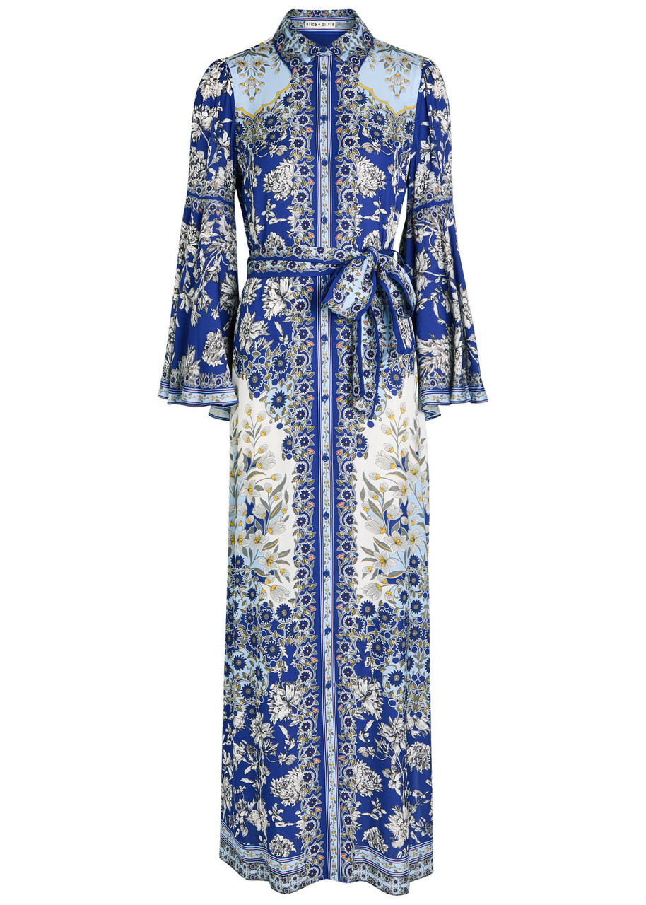 Alice + Olivia Chassidy Printed Maxi Shirt Dress Blue
