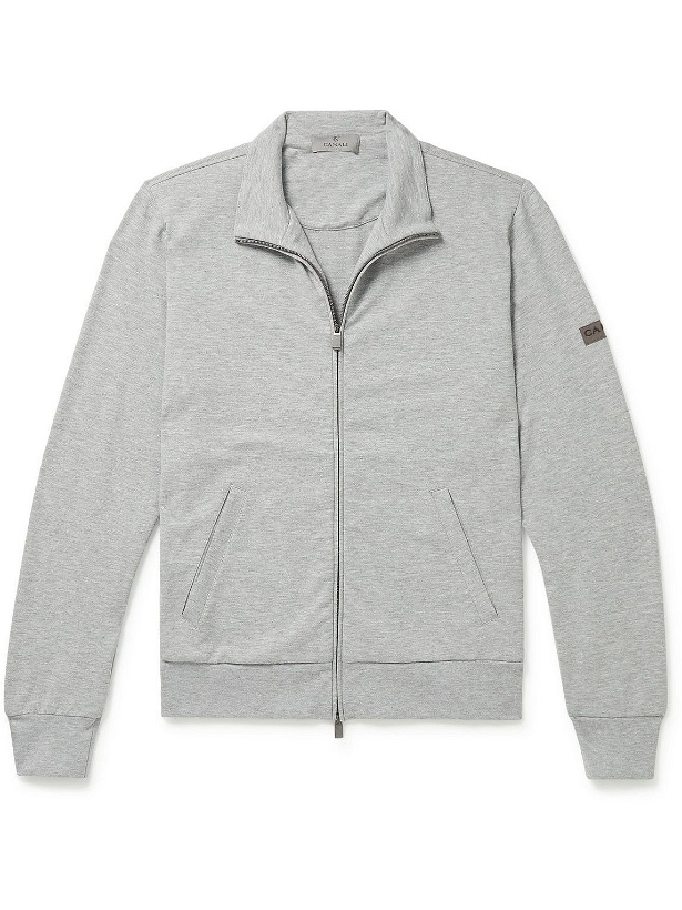 Photo: Canali - Logo-Appliquéd Stretch Cotton-Blend Jersey Zip-Up Sweatshirt - Gray