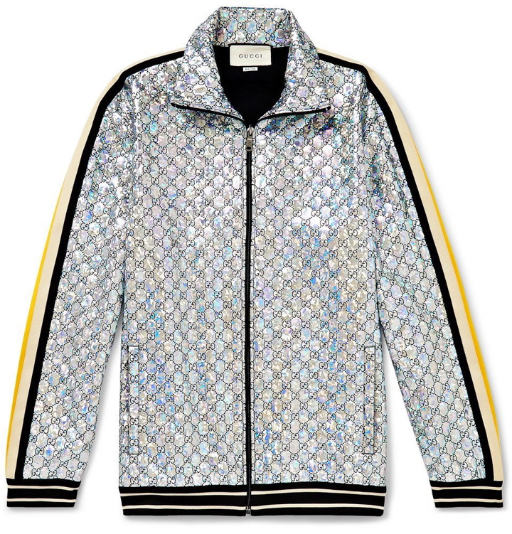 Photo: Gucci - Webbing-Trimmed Logo-Embroidered Iridescent Jersey Track Jacket - Men - Silver
