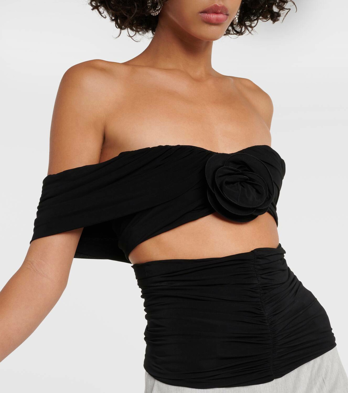 Flower Off Shoulder Ruched Crop Top Flower Off Shoulder Ruched Crop Top