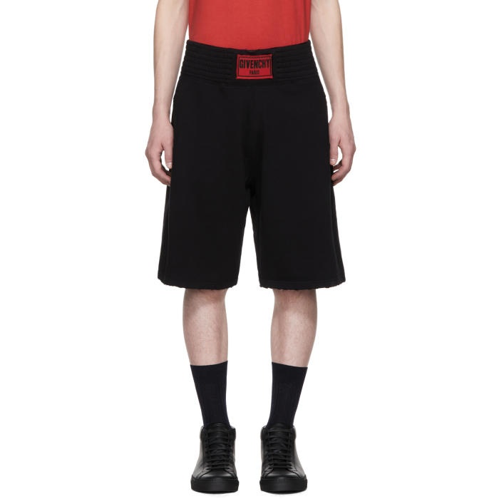 Photo: Givenchy Black Distressed Logo Boxing Shorts  