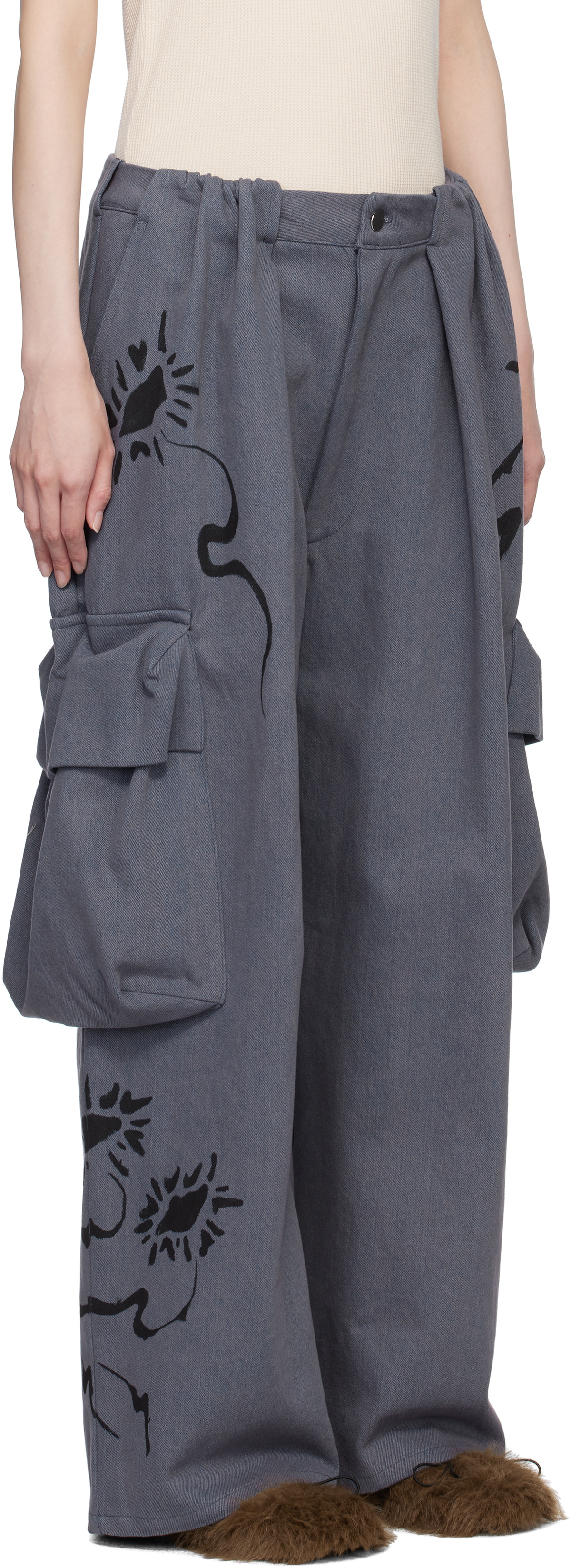 Collina Strada Blue Pleated Denim Cargo Pants