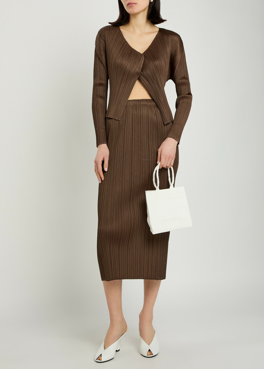 Pleats Please Issey Miyake Pleated Woven Cardigan Brown