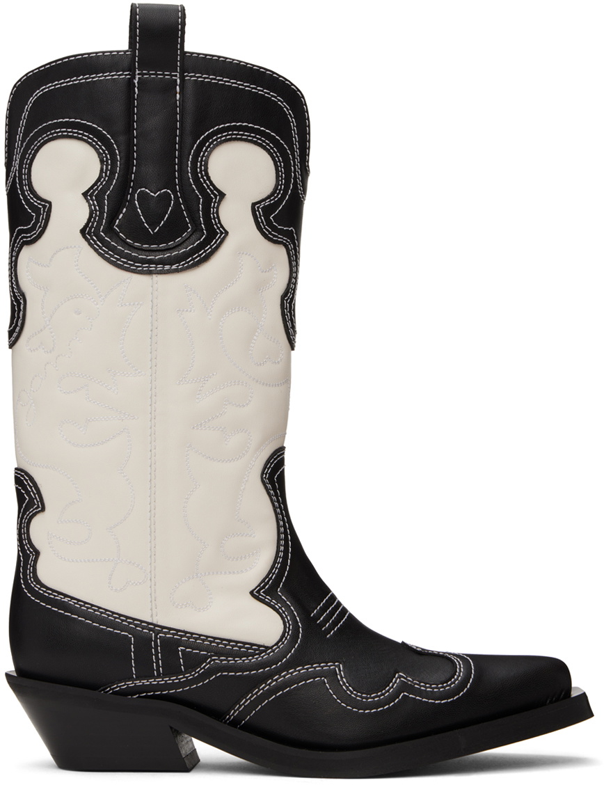 GANNI Black & White Mid Shaft Embroidered Western Boots GANNI GANNI Black & White Mid Shaft Embroidered Western Boots GANNI