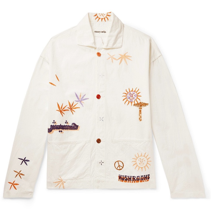 Photo: Story Mfg. - Short on Time Embroidered Printed Organic Cotton-Twill Chore Jacket - White