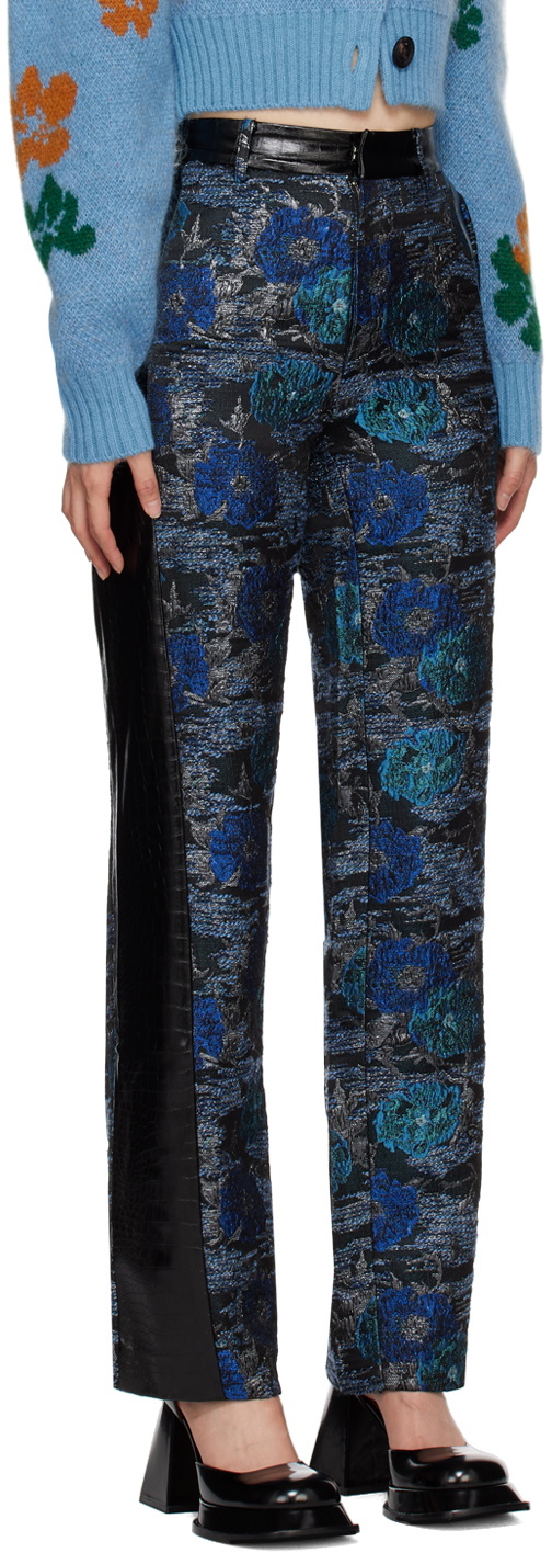 SHUTING QIU Black & Blue Jacquard Faux-Leather Pants
