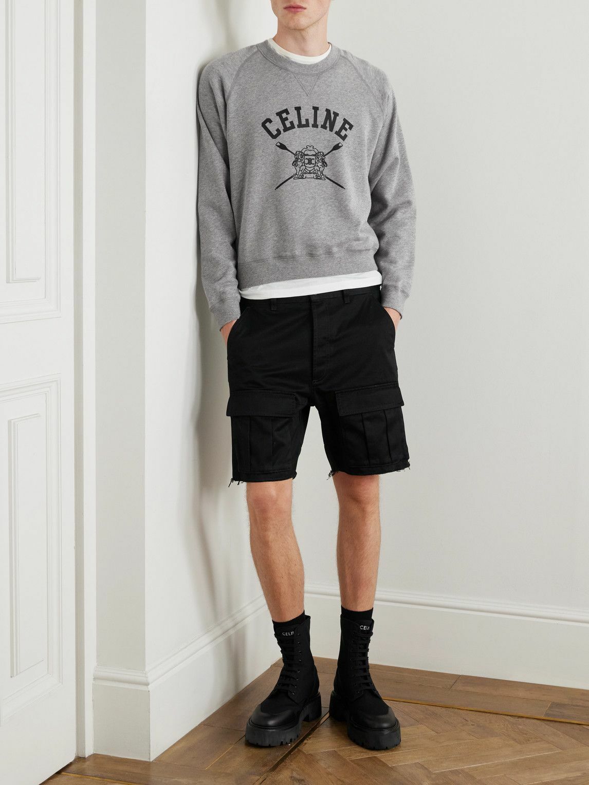 CELINE - Cropped Logo-Print Cotton-Jersey Sweatshirt - Gray