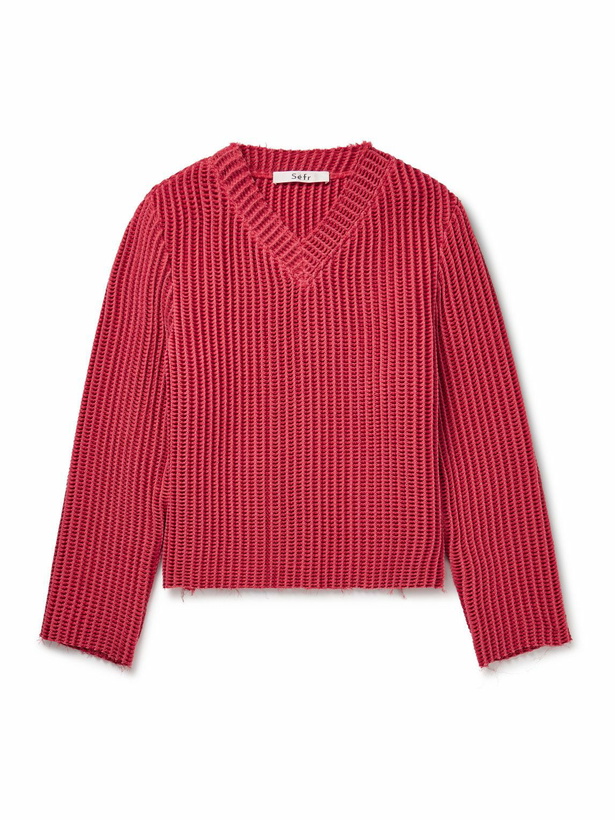 Photo: Séfr - Agustin Distressed Waffle-Knit Cotton-Blend Sweater - Red