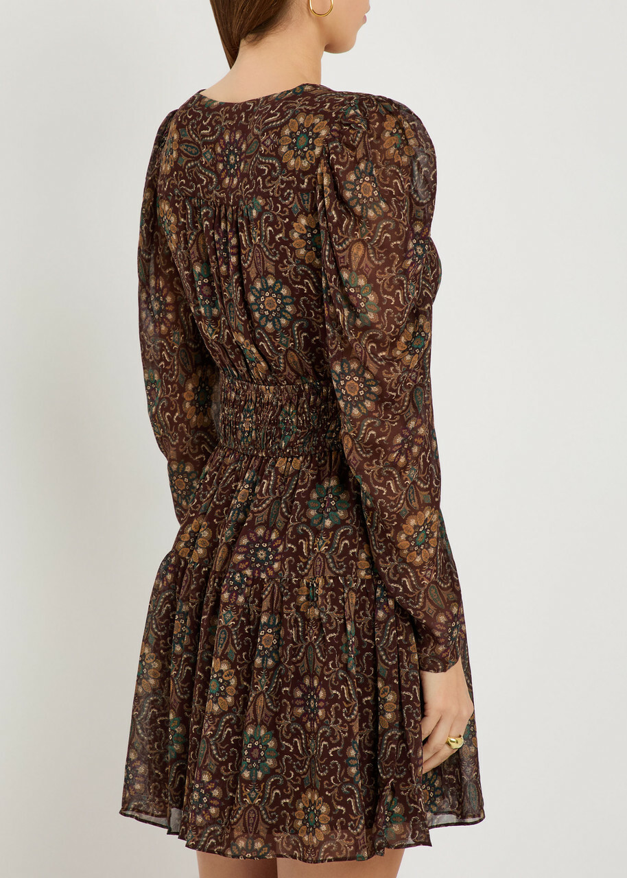 Paige Aries Patterned Silk Mini Dress Dark Brown