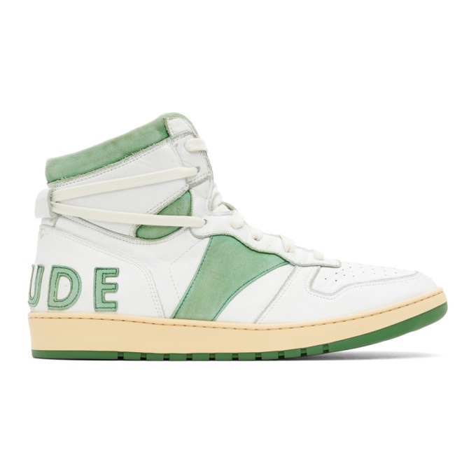 Photo: Rhude SSENSE Exclusive White and Green Rhecess Hi Sneakers