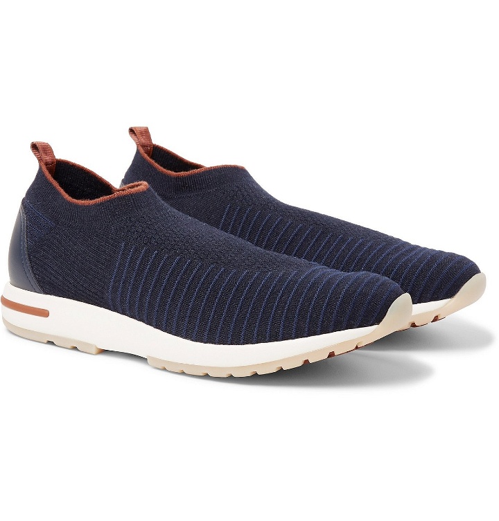 Photo: Loro Piana - 360 Flexy Walk Leather-Trimmed Knitted Wish Wool Slip-On Sneakers - Blue
