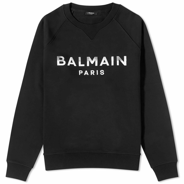 Photo: Balmain Men's Foil Paris Logo Crew Sweat in Black/Silver/Cream