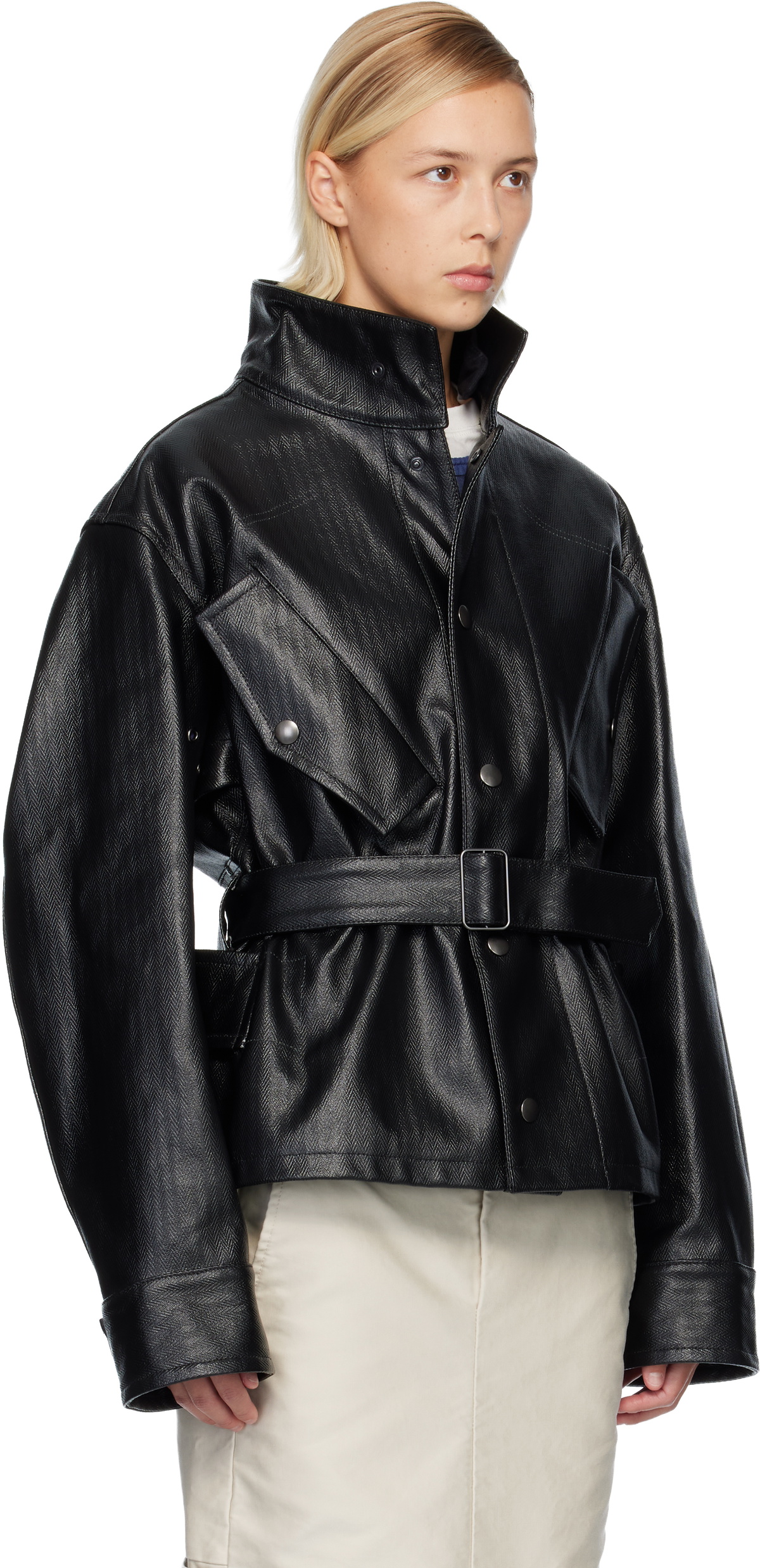 Maison Margiela Black Belted Faux-Leather Jacket