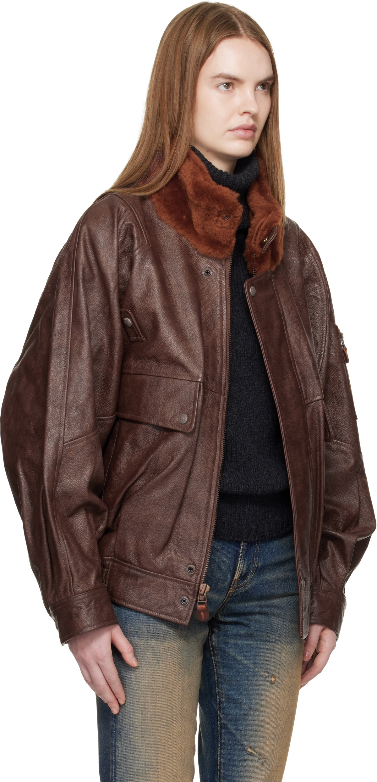 R13 Brown Shearling Collar Flight Leather Jacket