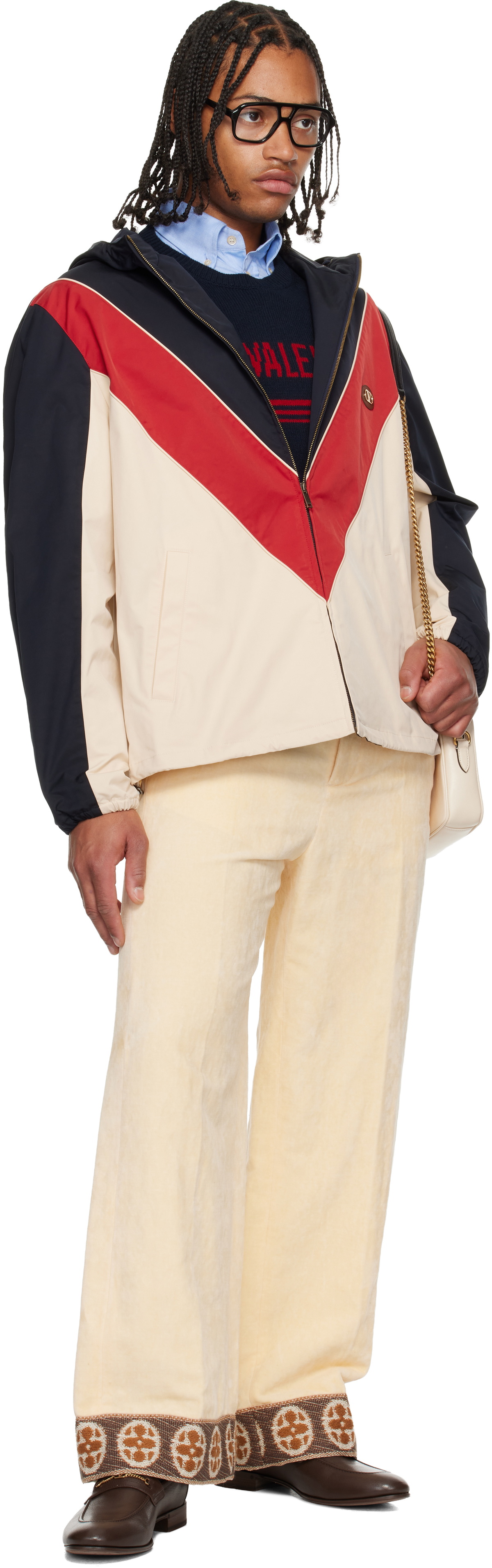 Valentino Navy & Beige VLogo Patch Hooded Windbreaker Jacket
