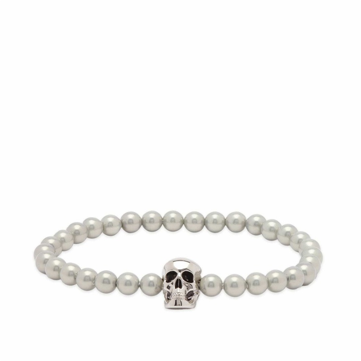 Photo: Alexander McQueen Men's Skull Beaded Bracelet in Silver/Pearl