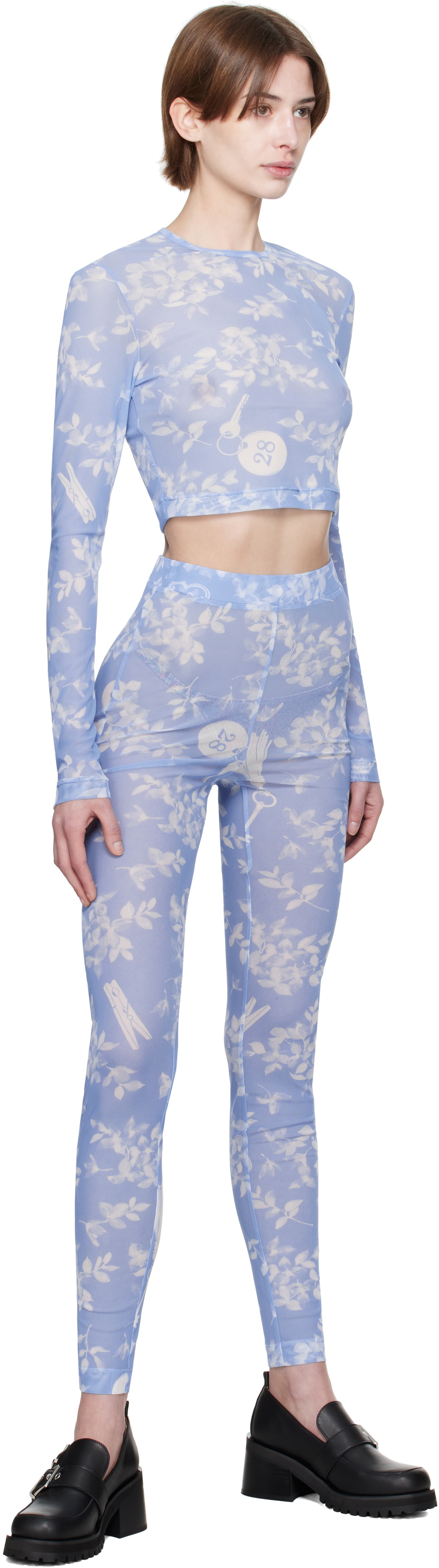 Moschino Jeans Blue Floral Print Mesh Leggings
