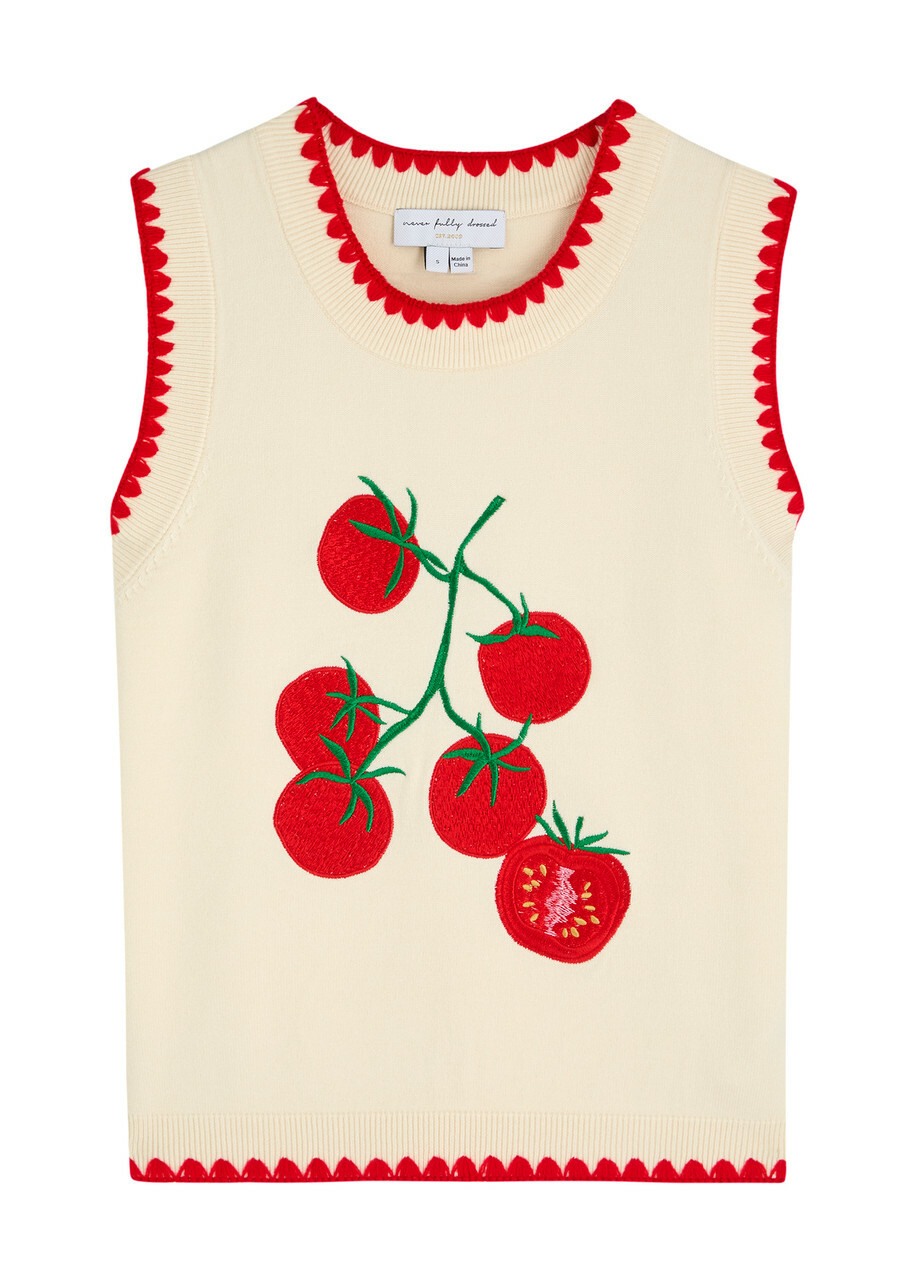 Never Fully Dressed Tomato Embroidered Knit Vest Cream