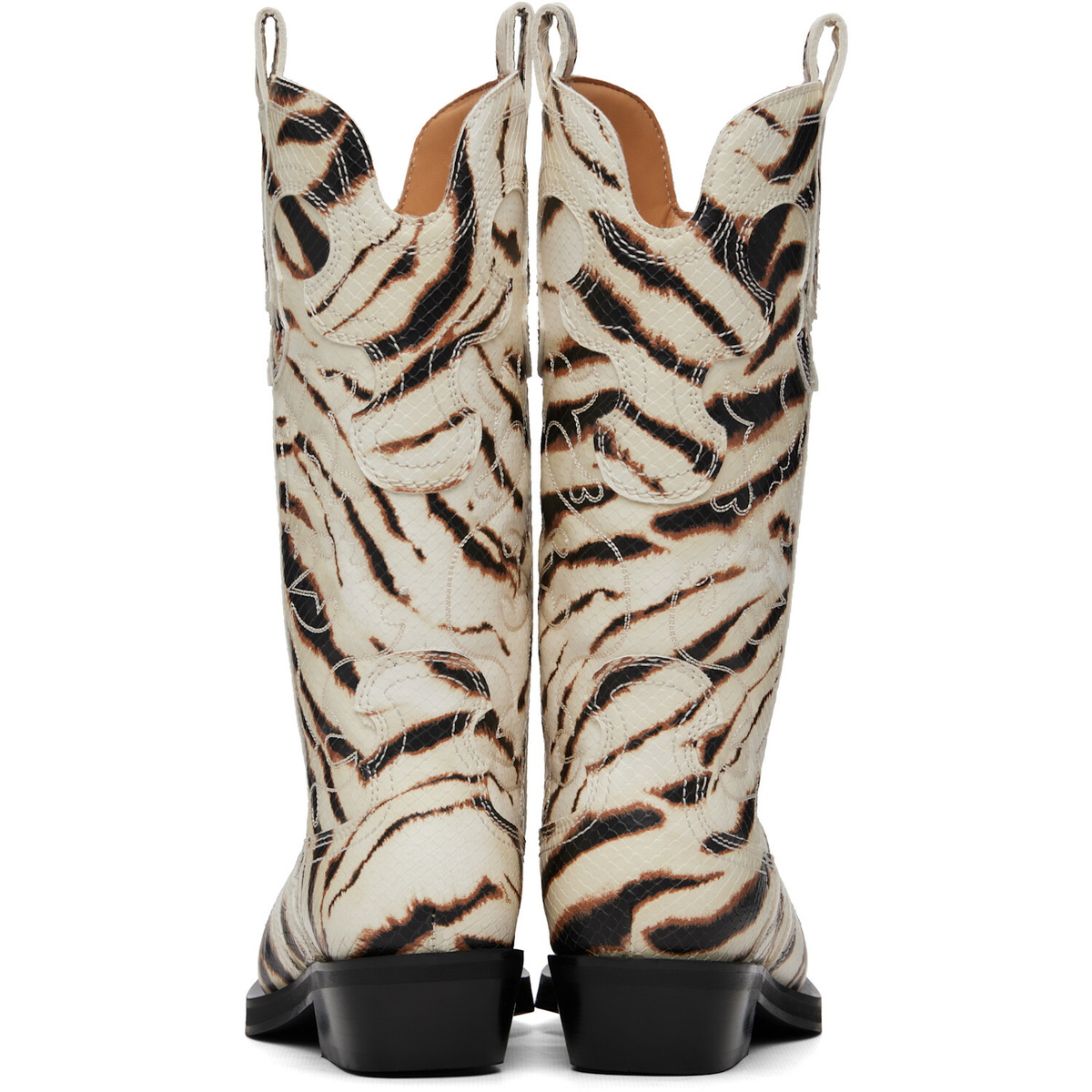 GANNI Off-White Mid Shaft Embroidered Western Boots