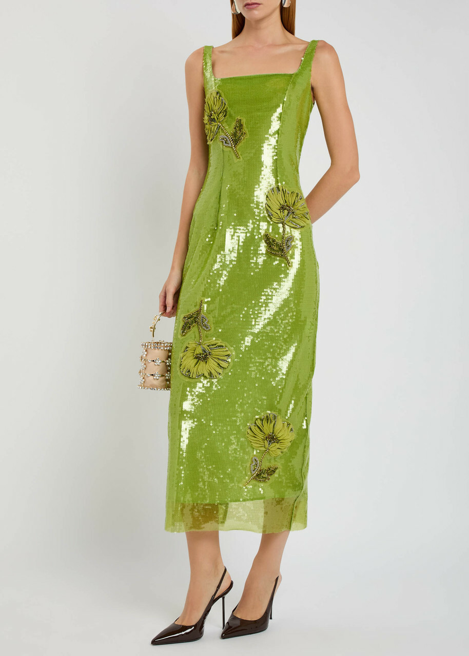 Huishan Zhang Marilyn Floral-embellished Sequin Gown Lime