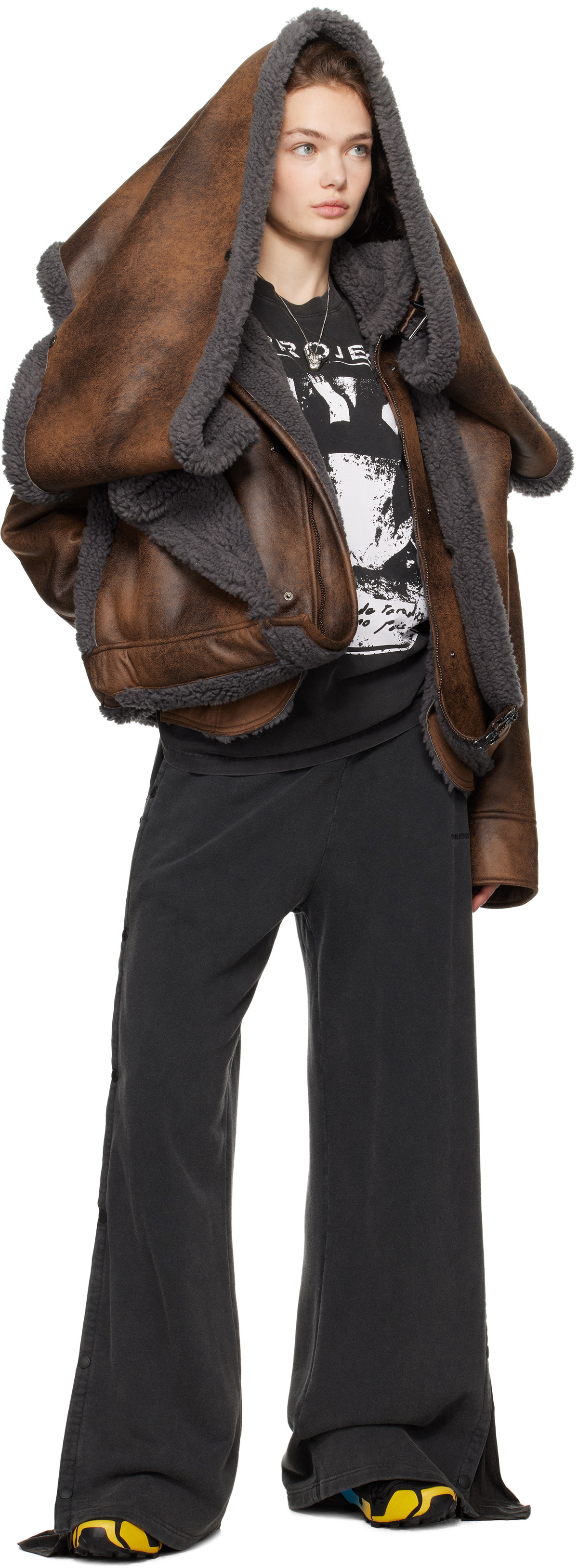 Y/Project Brown Snap Off Panel Hood Aviator Faux-Shearling Jacket