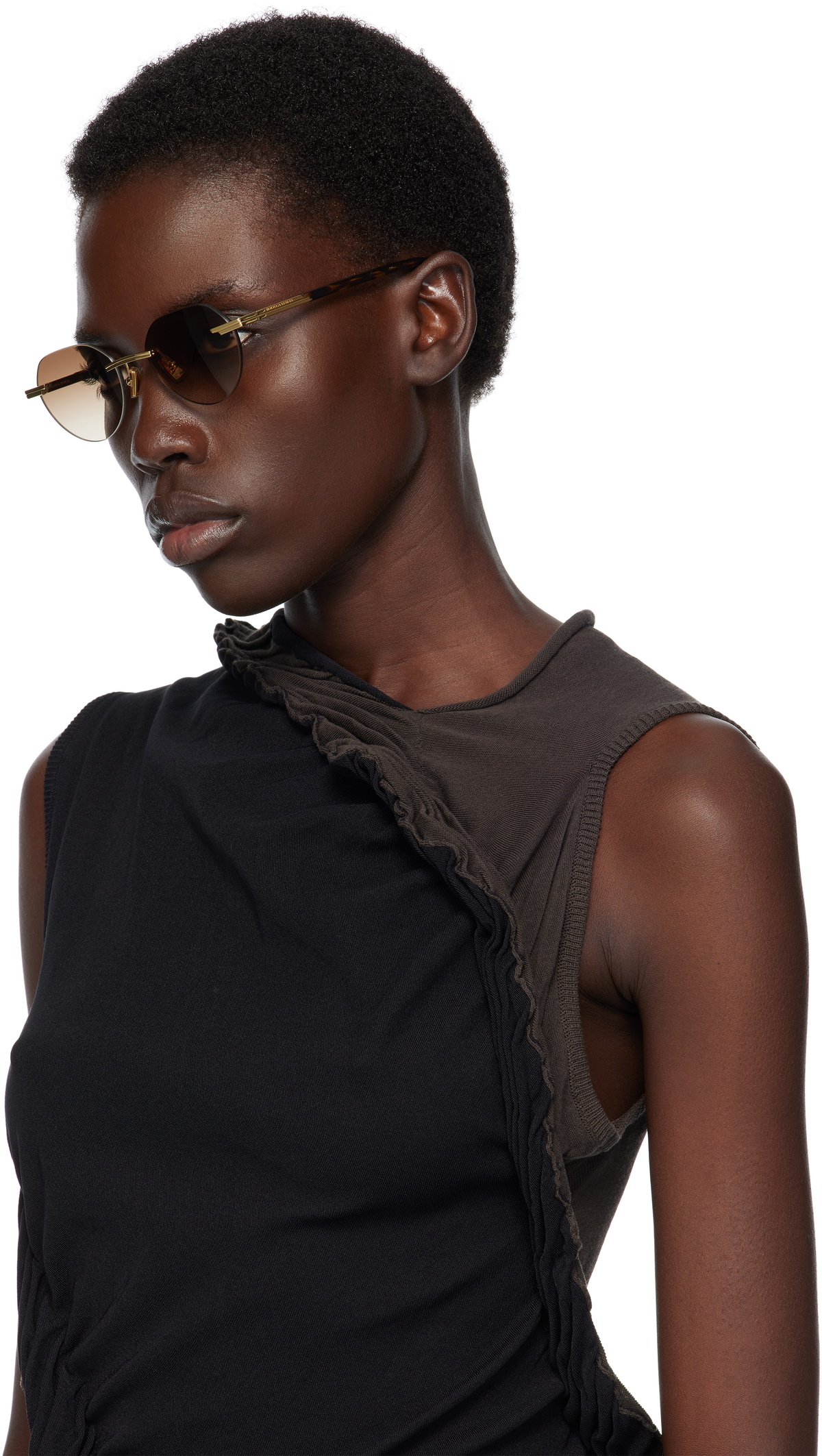 Bottega Veneta Gold Rimless Shield Sunglasses with Brown Lenses Bottega Veneta Sunglasses BV1305S 002 Shiny Gold - eye-oo.com main image 2