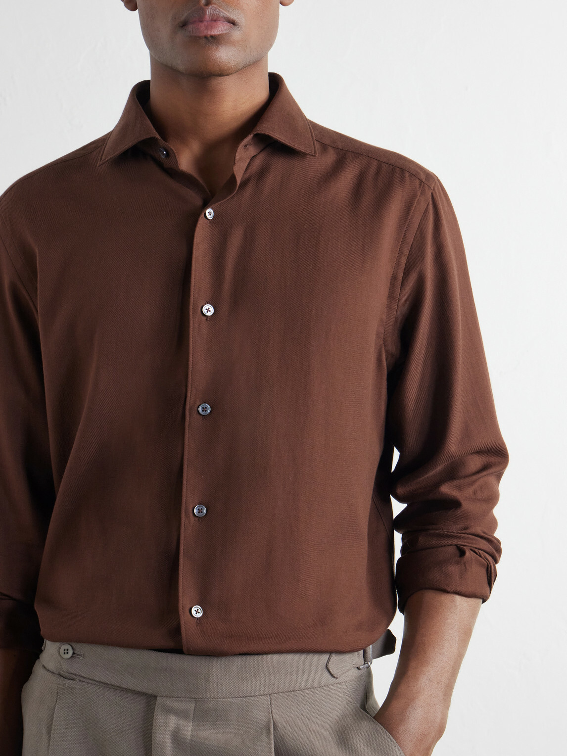 Zegna - Cotton and Cashmere-Blend Twill Shirt - Brown
