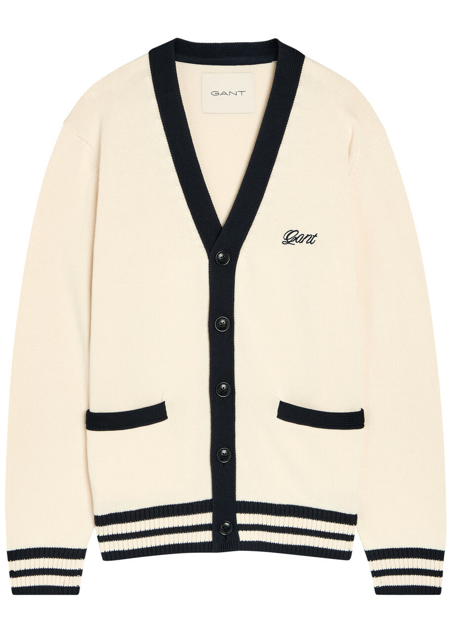 Gant Logo-embroidered Cotton-knit Cardigan Cream
