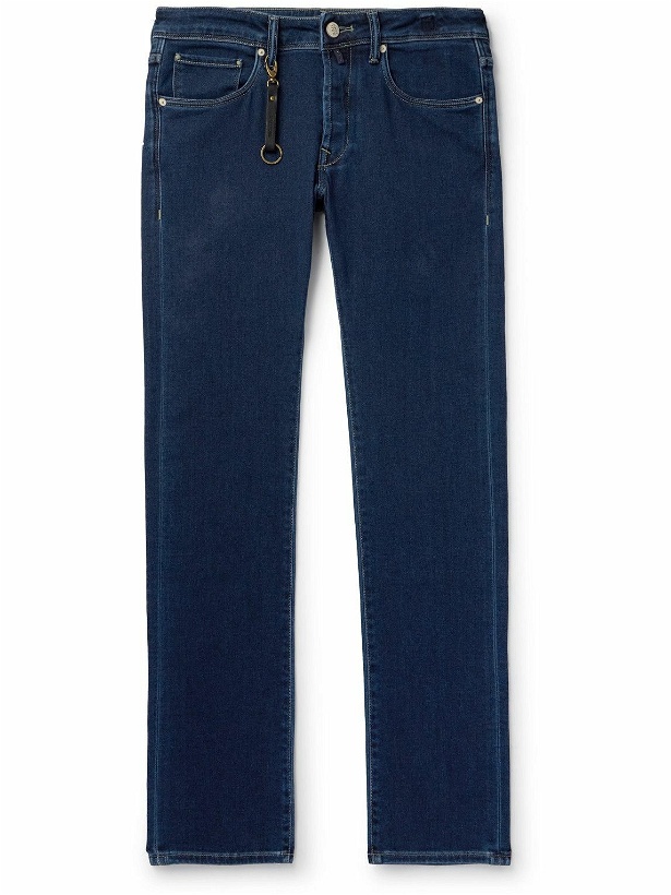 Photo: Incotex - Leather-Trimmed Straight-Leg Jeans - Blue