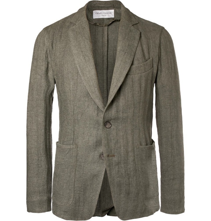 Photo: Officine Generale - Olive Slim-Fit Unstructured Herringbone Linen-Blend Suit Jacket - Men - Army green