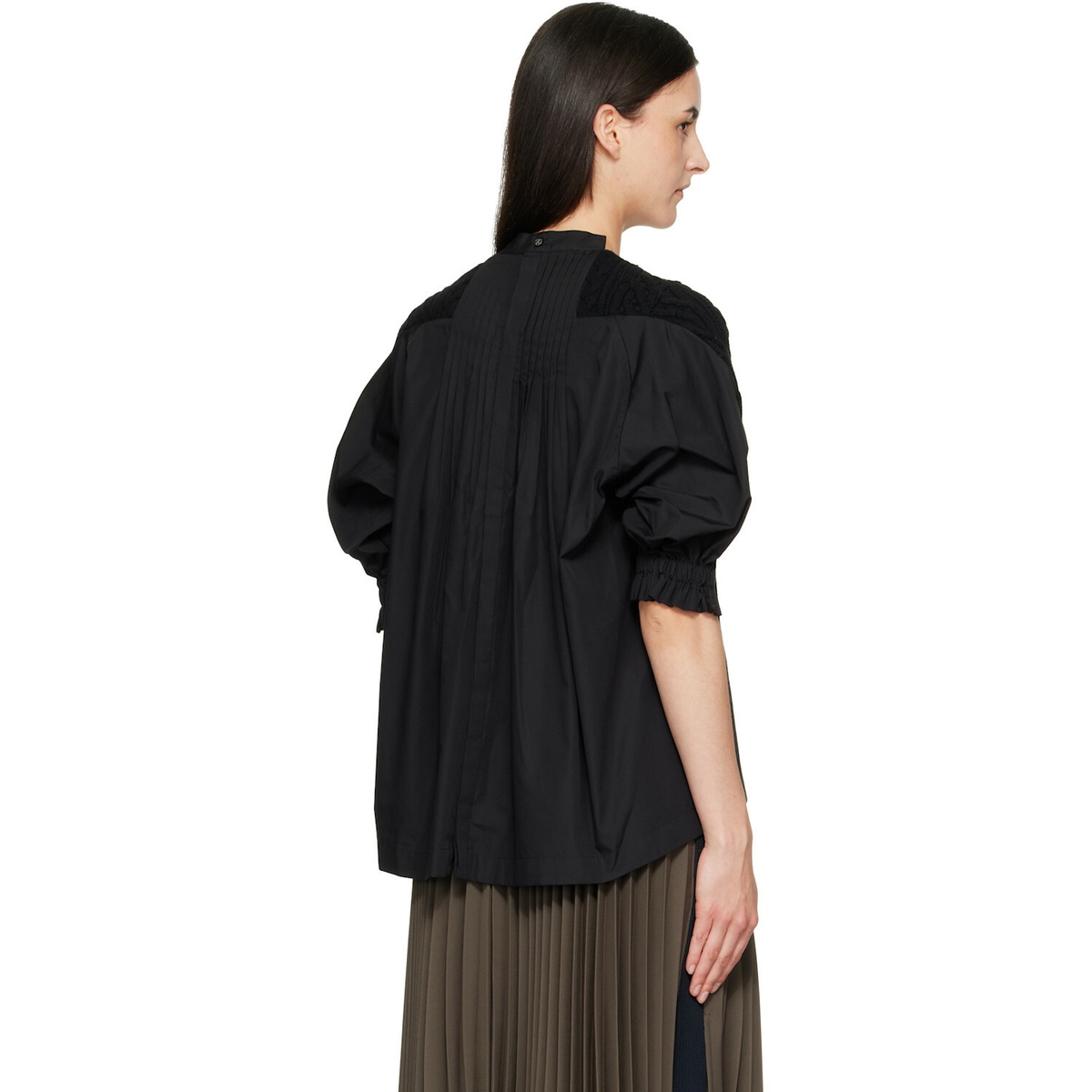 sacai Black Wool Knit x Cotton Poplin Pullover Sweater