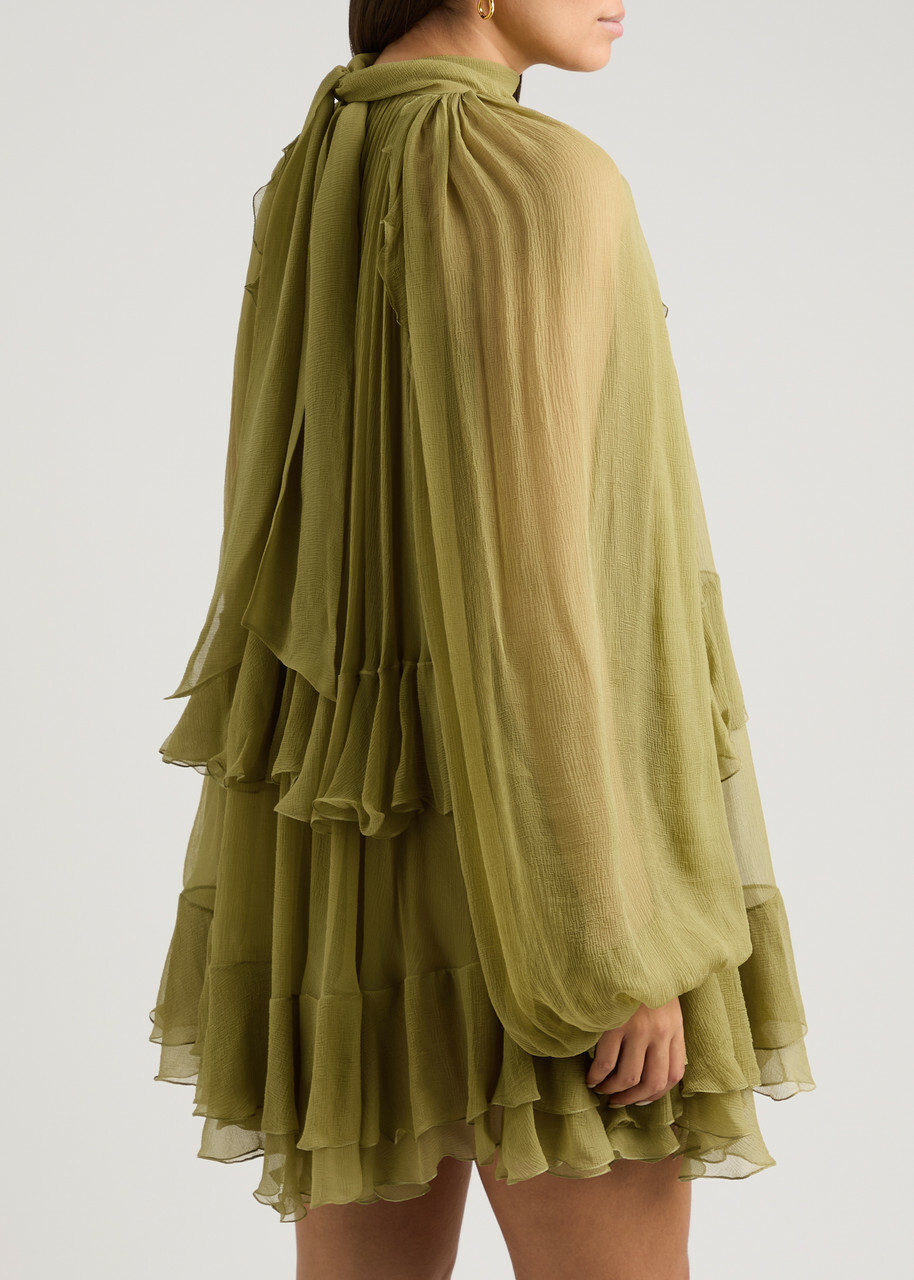 Chloe Ruffled Silk-georgette Mini Dress Green Olive