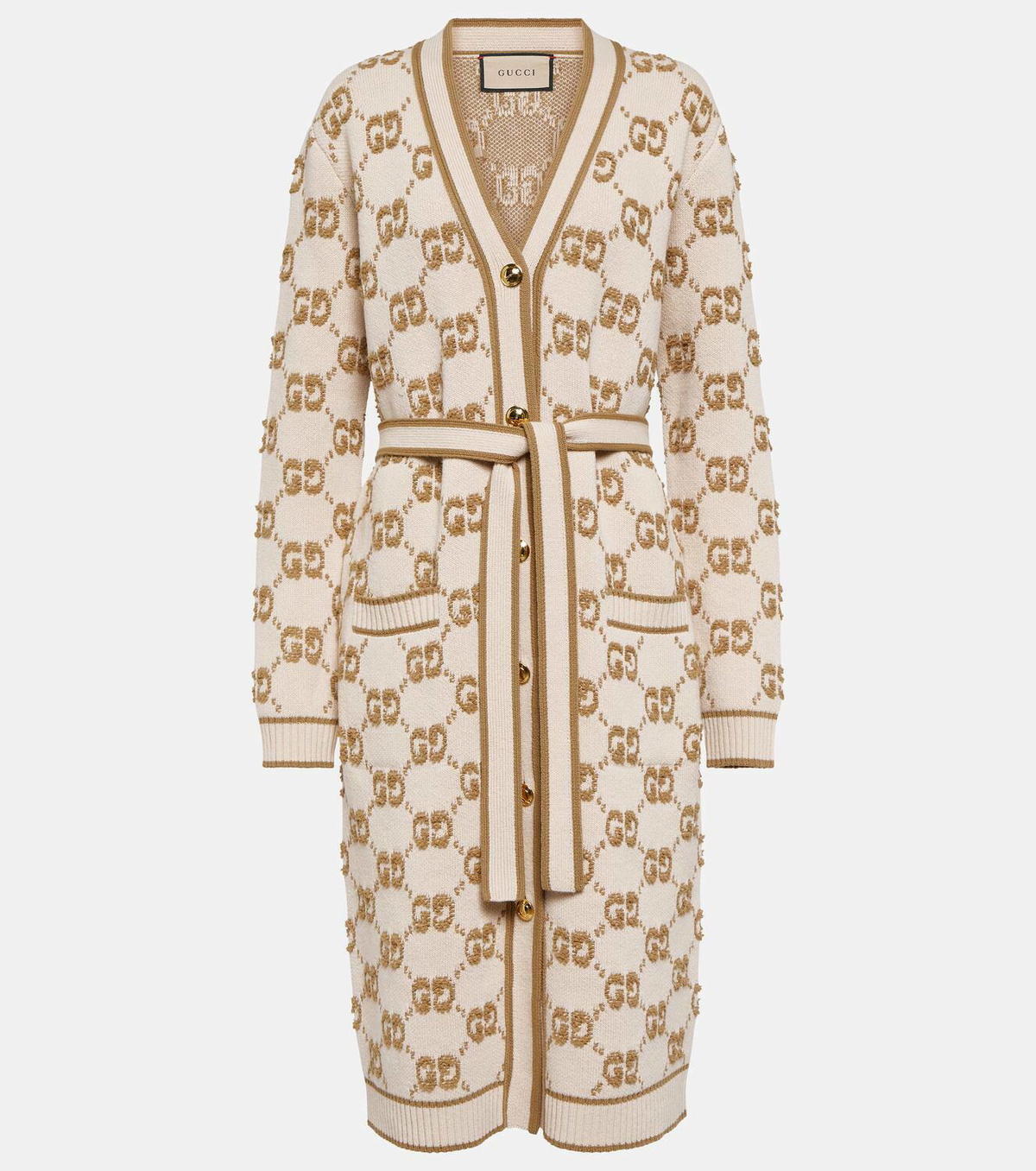 Gucci アイボリー カーディガン GGウール ブークレ ジャカード カーディガングレー＆アイボリー