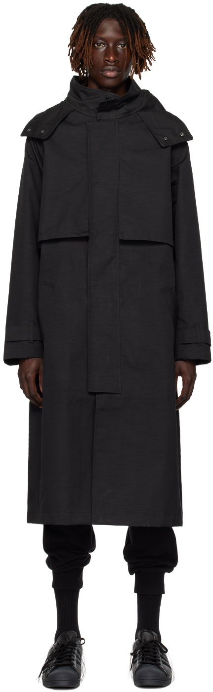 Y-3 Black Hooded Trench Coat Y-3