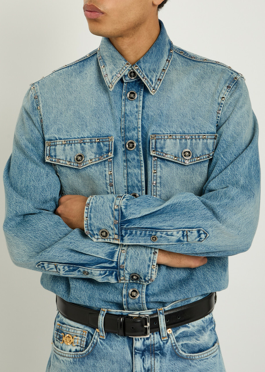 Versace Stud-embellished Denim Shirt Light Blue