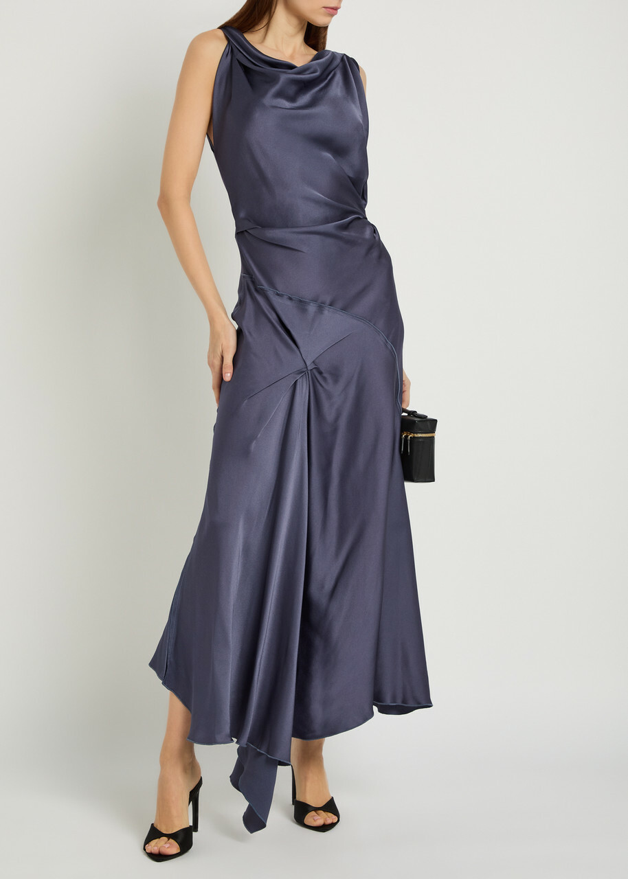 Victoria Beckham Posy Asymmetric Satin Maxi Dress Dark Grey