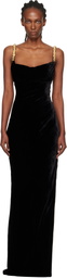 Balmain Black Embroidered Button Velvet Slit Maxi Dress