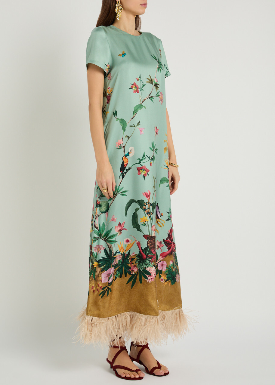 LA Double J Swing Floral-print Feather hem Silk Maxi Dress Blue