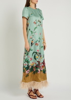 LA Double J Swing Floral-print Feather hem Silk Maxi Dress Blue