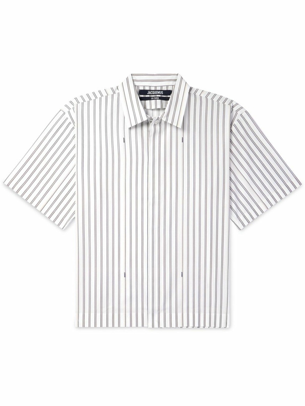 Photo: Jacquemus - Cutaway-Collar Logo-Print Striped Cotton-Poplin Shirt - Blue