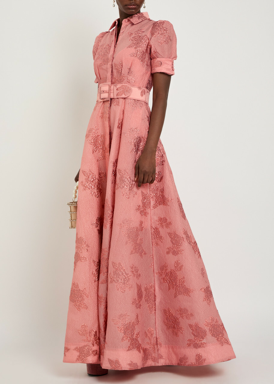 Rebecca Vallance Annette Belted Floral-jacquard Cloqué Gown Peach