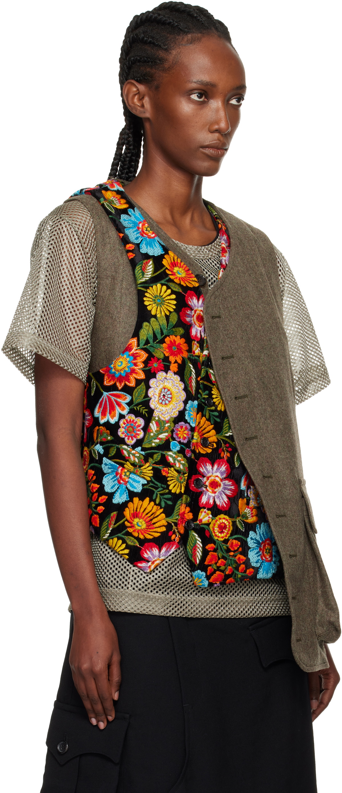Comme des Garçons Homme Plus Khaki & Black Velvet Floral Pattern Embroidery Vest
