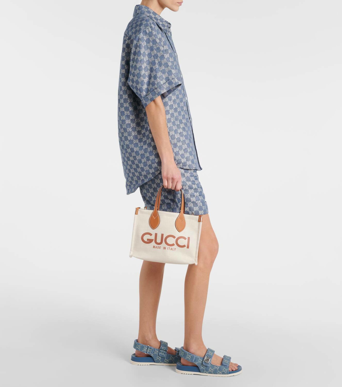 【関税込み】gucci Mini logo shopping bag Gucci Mini logo leather-trimmed canvas tote bag Gucci