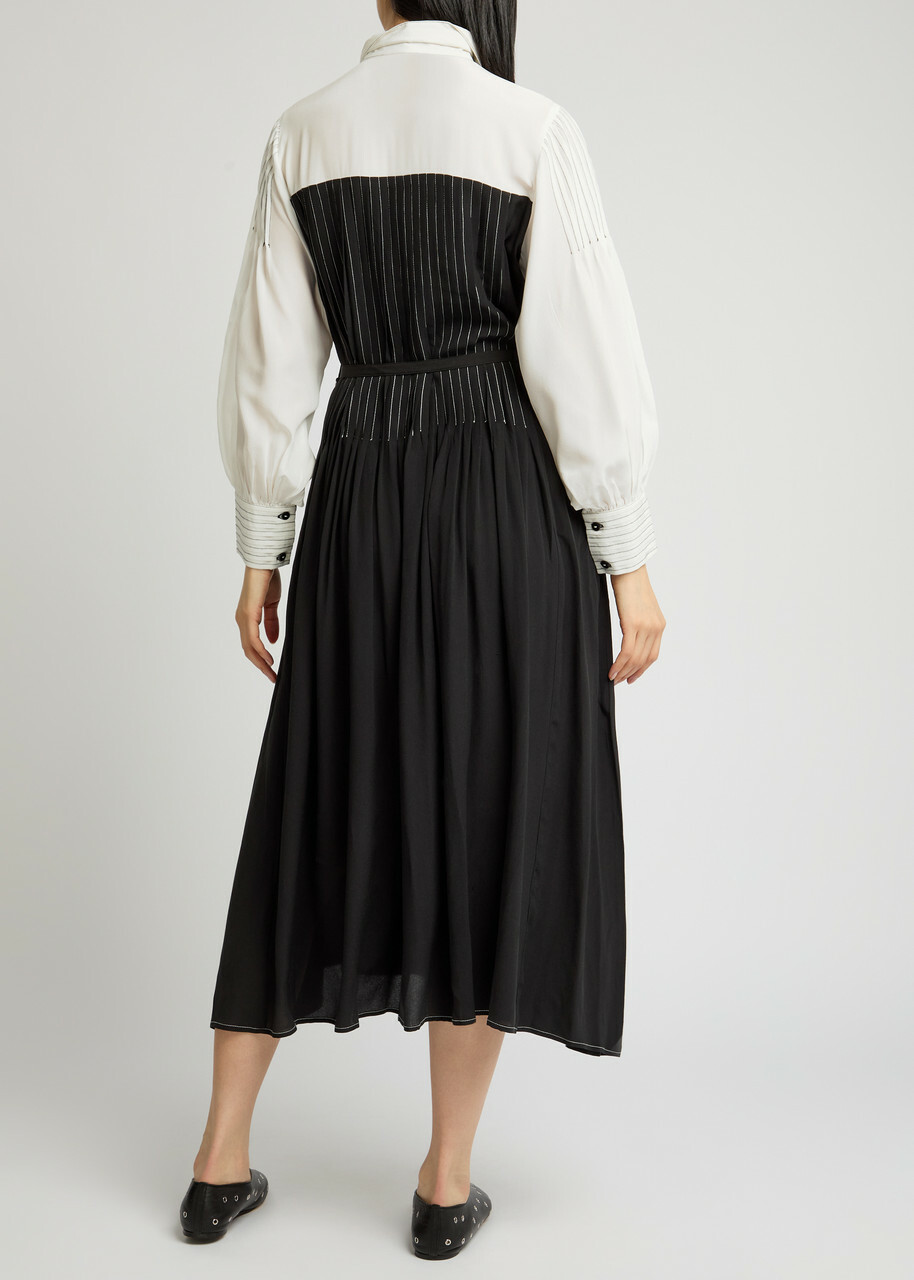 Lovebirds Zen Pleated Silk Midi Dress Black And White